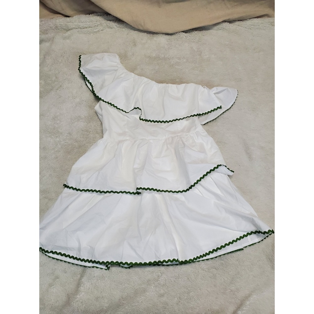 Lulus White One Shoulder Tiered Green Ric Rac Romper Large Feminine Party Dainty